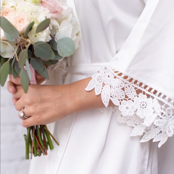 White Sateen Robe with Lace Trim Bridal Getting Ready Bride - Picture 1 of 9